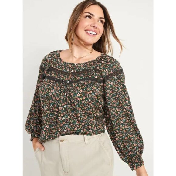 Old Navy Womens XL Floral Peasant Top Blouse Lace Detail Black Multicolor Shirt - Picture 1 of 10